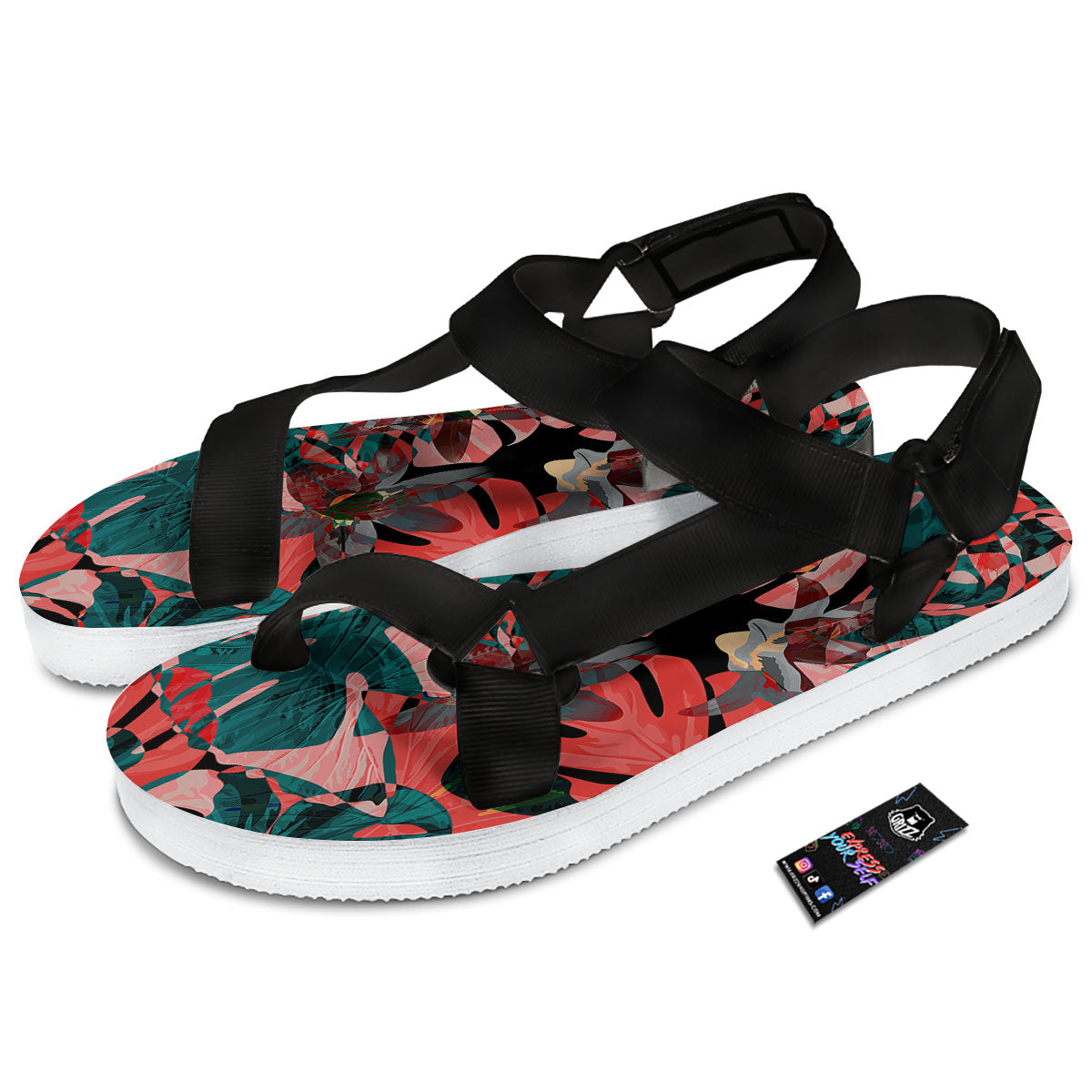 Flower Psychedelic Hawaiian Print Black Open Toe Sandals-grizzshop