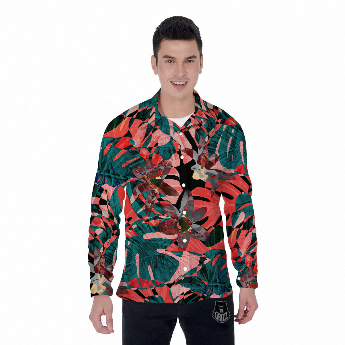 Flower Psychedelic Hawaiian Print Men's Long Sleeve Shirts-grizzshop