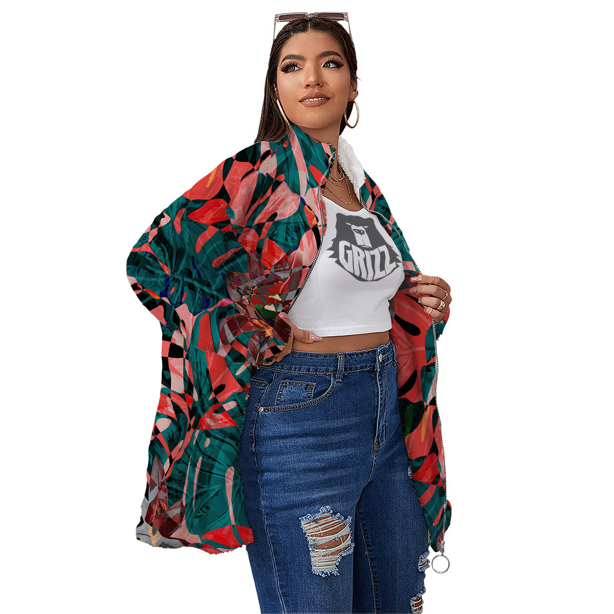 Flower Psychedelic Hawaiian Print Women's Sherpa Jacket-grizzshop