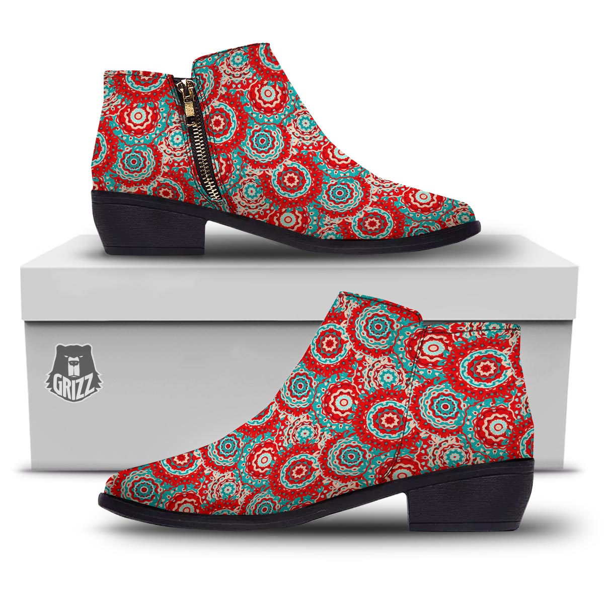 Flower Red Boho Print Pattern Ankle Boots-grizzshop