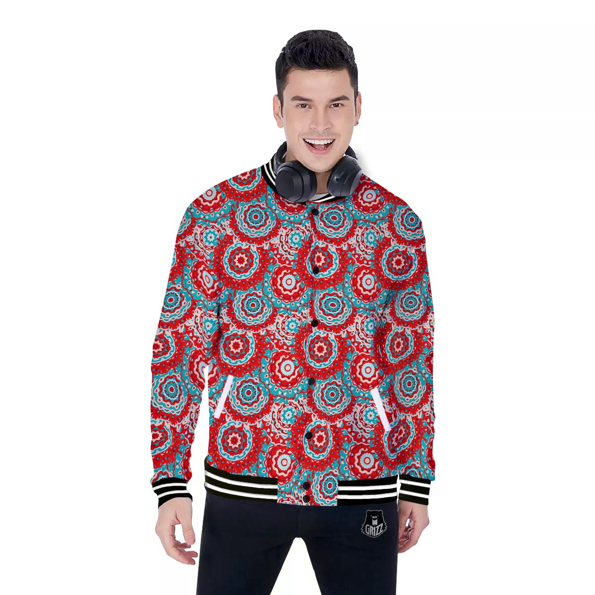 Flower Red Boho Print Pattern Baseball Jacket-grizzshop