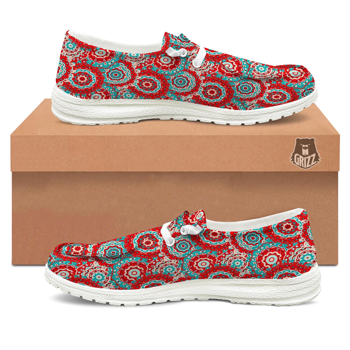 Flower Red Boho Print Pattern Black Loafers-grizzshop