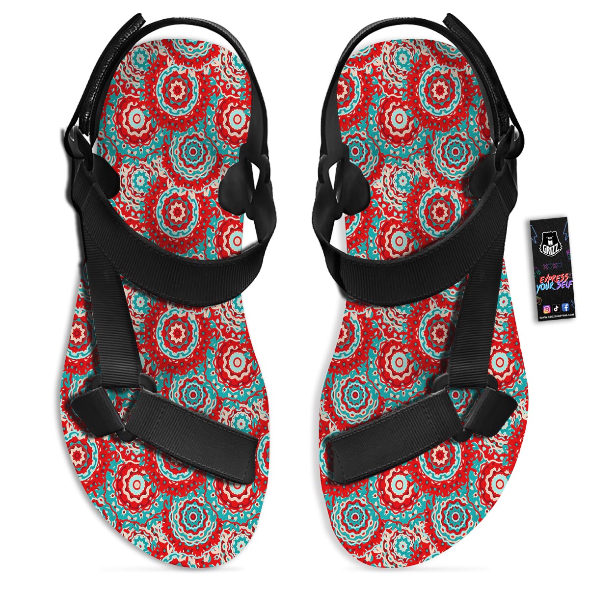 Flower Red Boho Print Pattern Black Open Toe Sandals-grizzshop