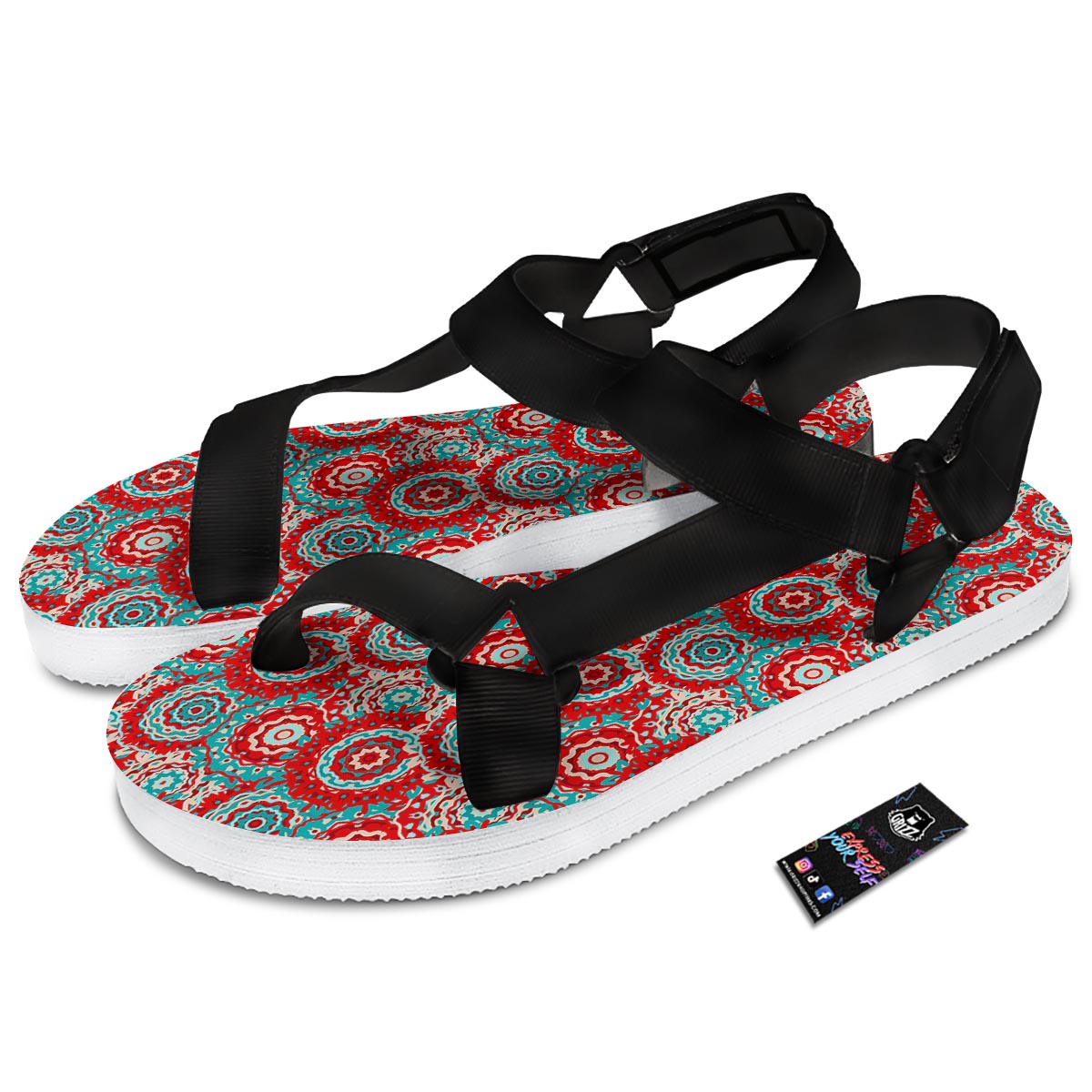 Flower Red Boho Print Pattern Black Open Toe Sandals-grizzshop