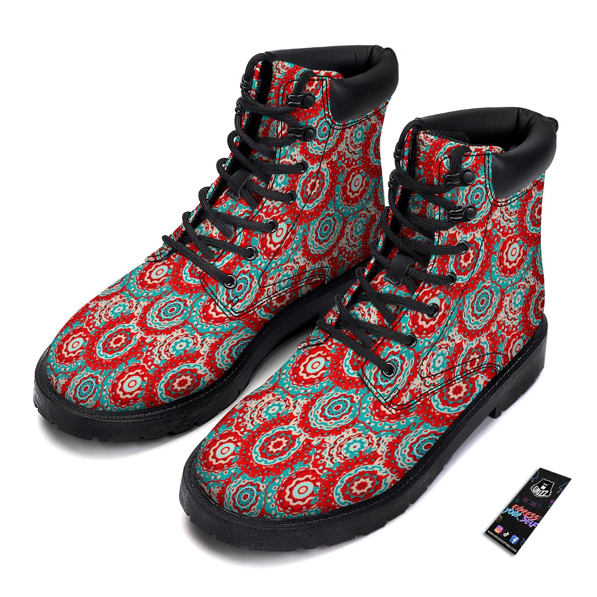 Flower Red Boho Print Pattern Boots-grizzshop