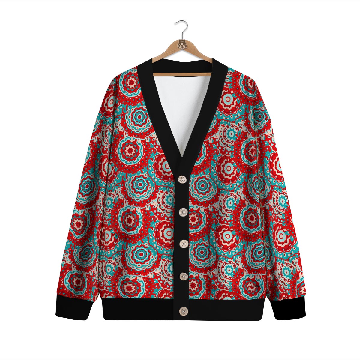 Flower Red Boho Print Pattern Cardigan-grizzshop