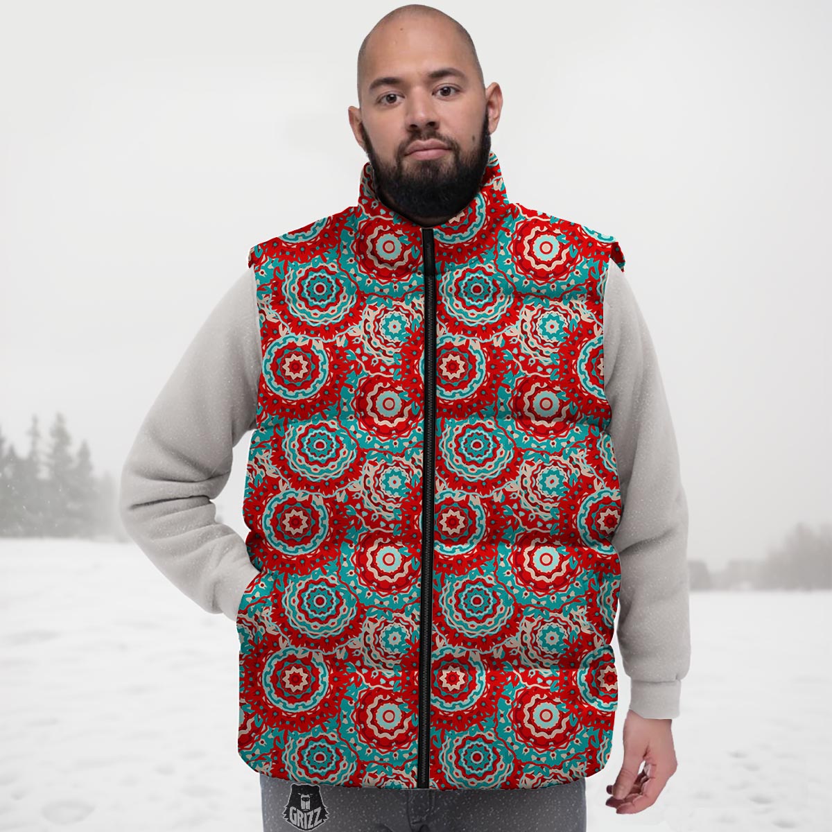 Flower Red Boho Print Pattern Down Vest-grizzshop