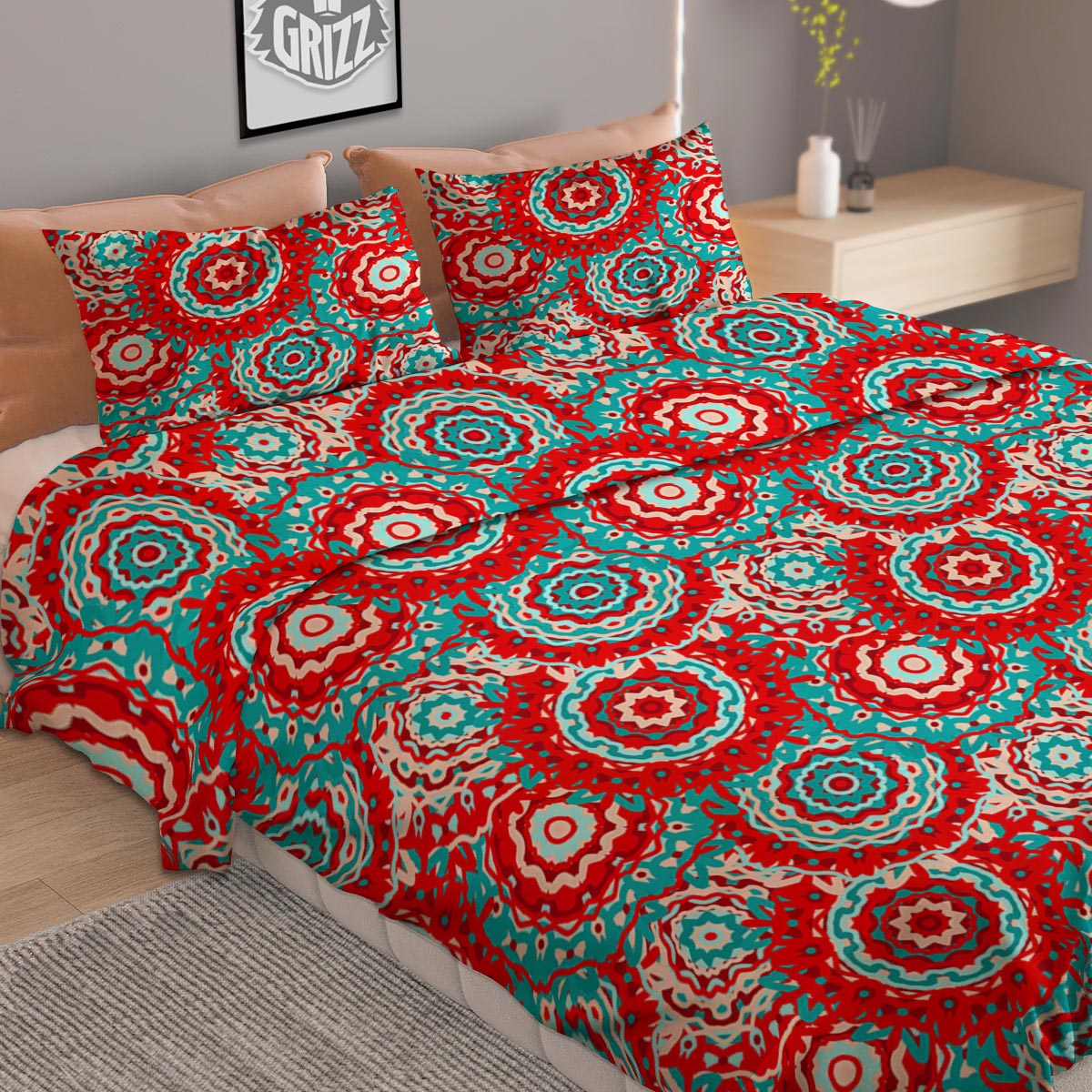 Flower Red Boho Print Pattern Duvet Cover Bedding Set-grizzshop