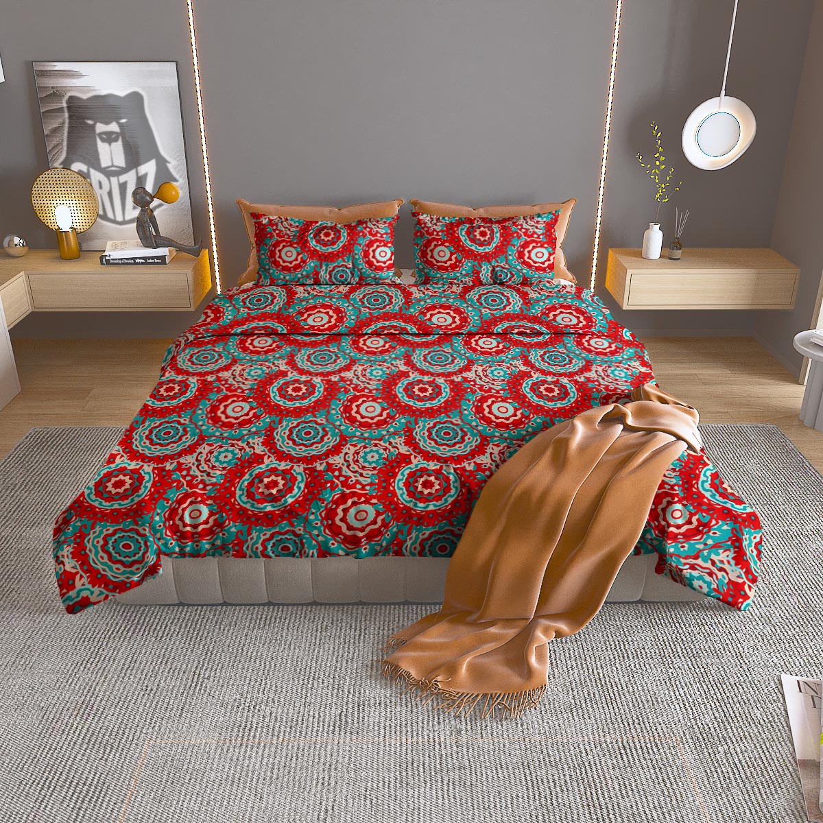 Flower Red Boho Print Pattern Duvet Cover Bedding Set-grizzshop