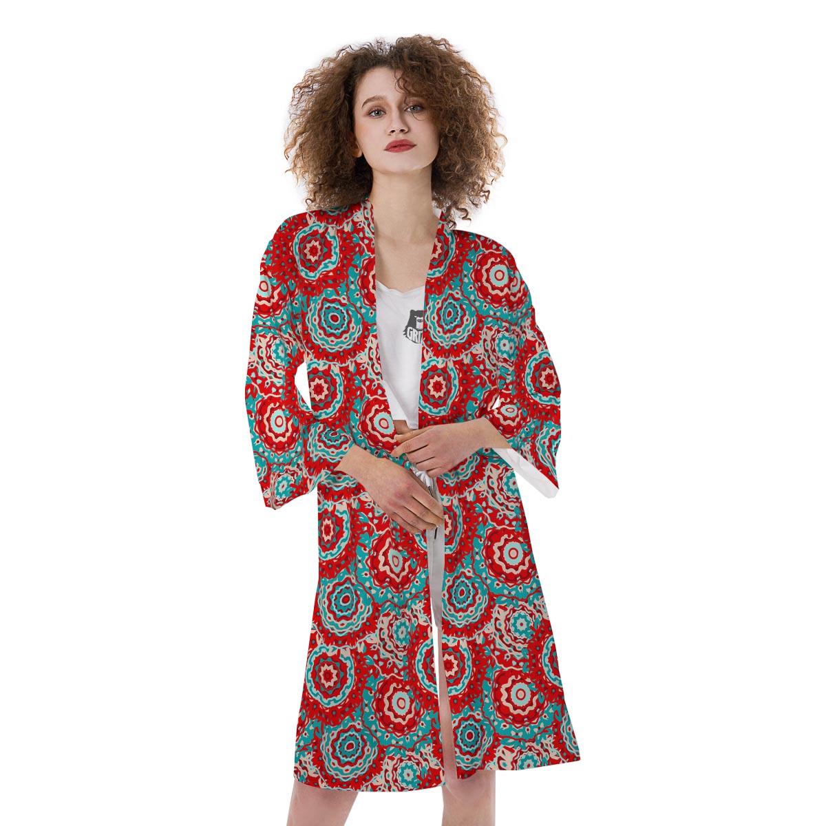 Flower Red Boho Print Pattern Kimono-grizzshop