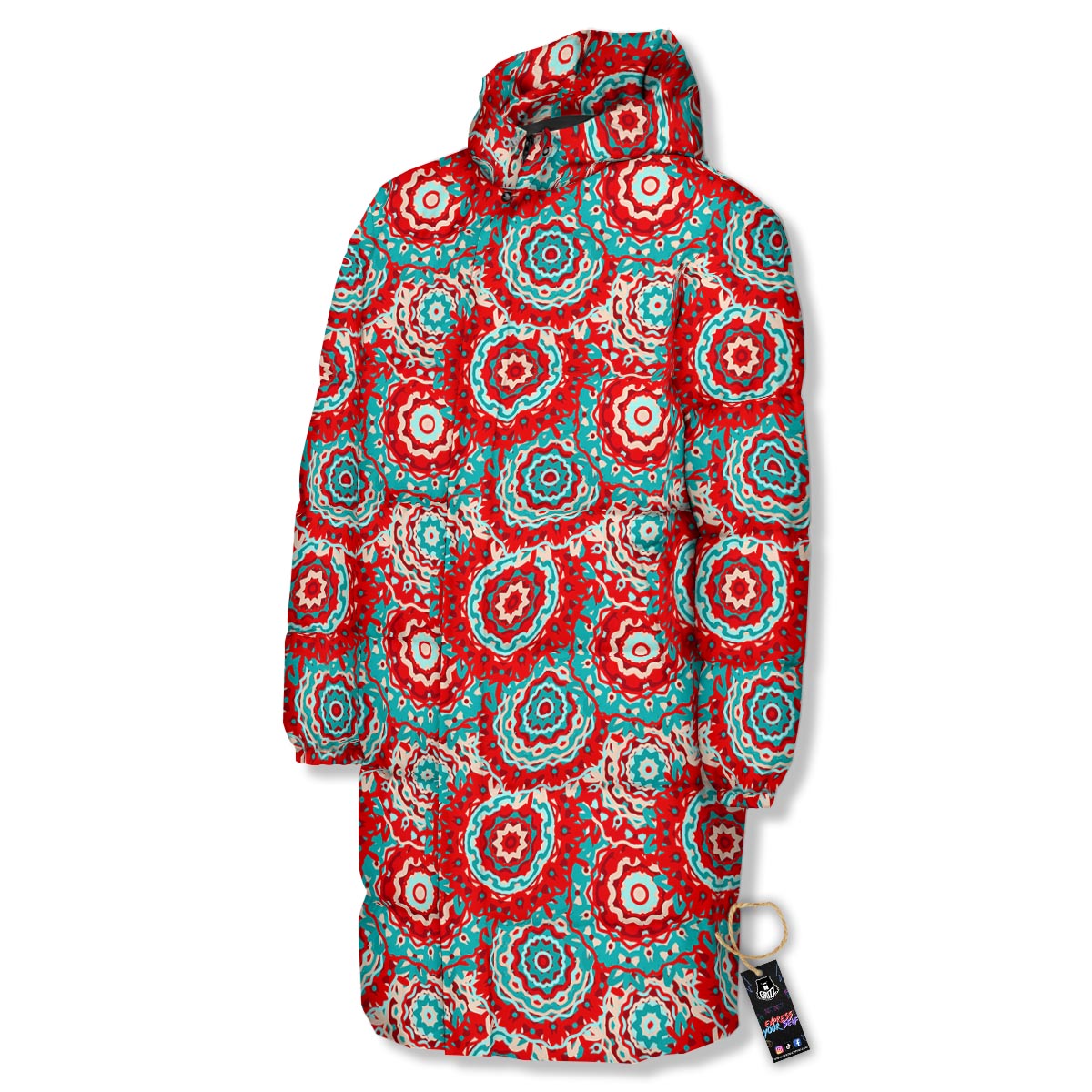 Flower Red Boho Print Pattern Long Down Jacket-grizzshop
