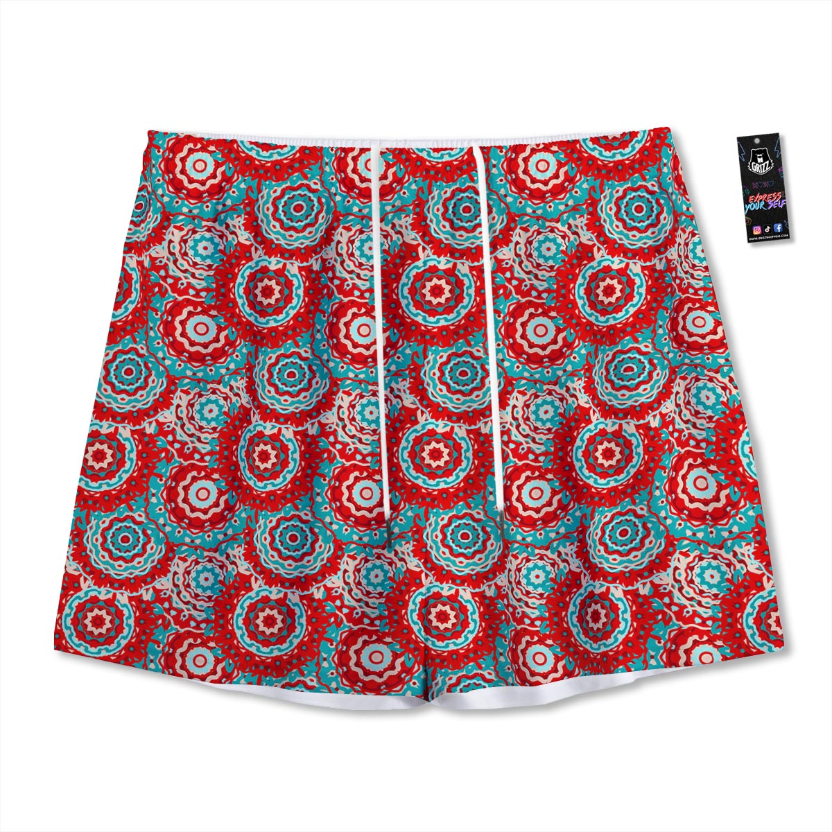 Flower Red Boho Print Pattern Mesh Shorts-grizzshop