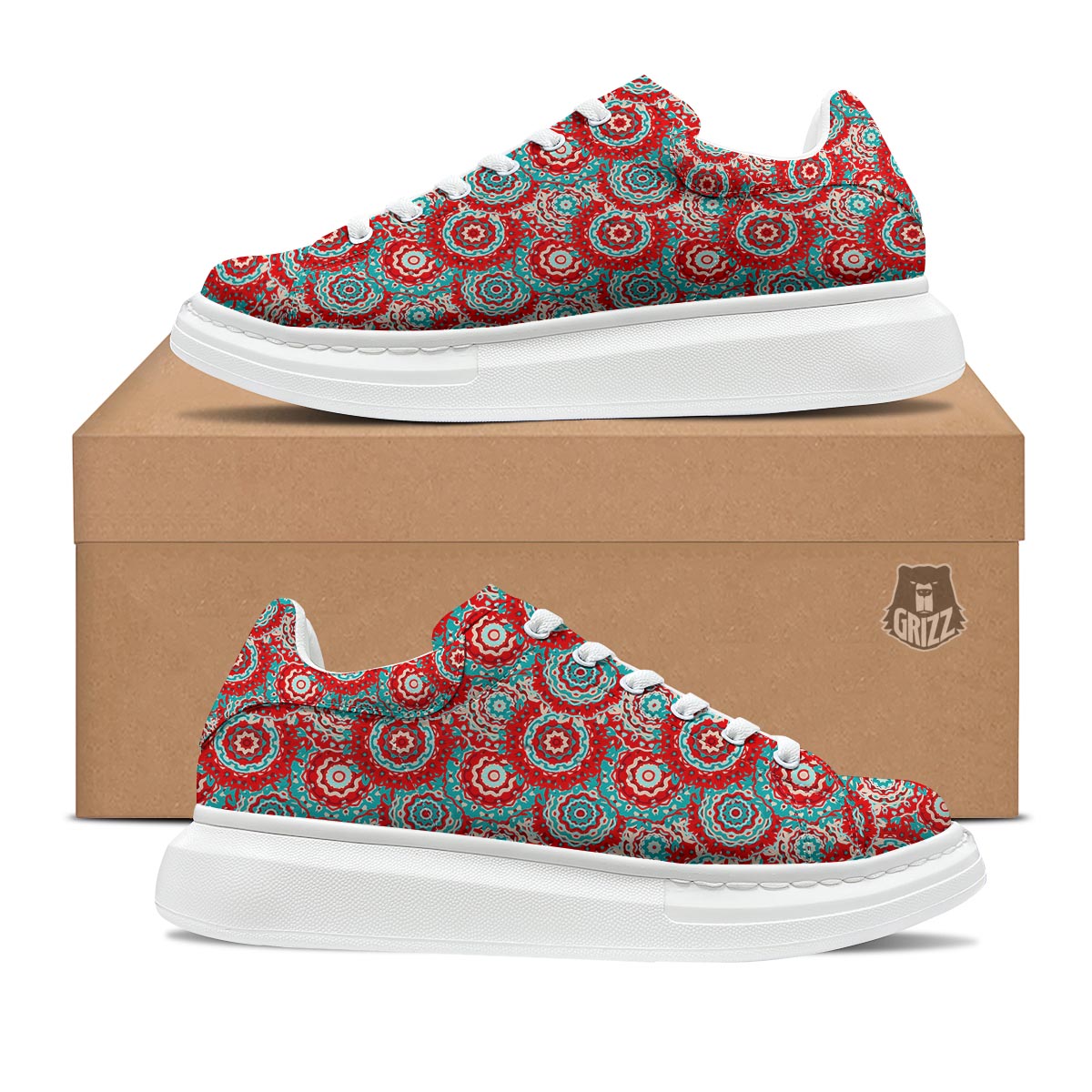 Flower Red Boho Print Pattern Platform Shoes-grizzshop