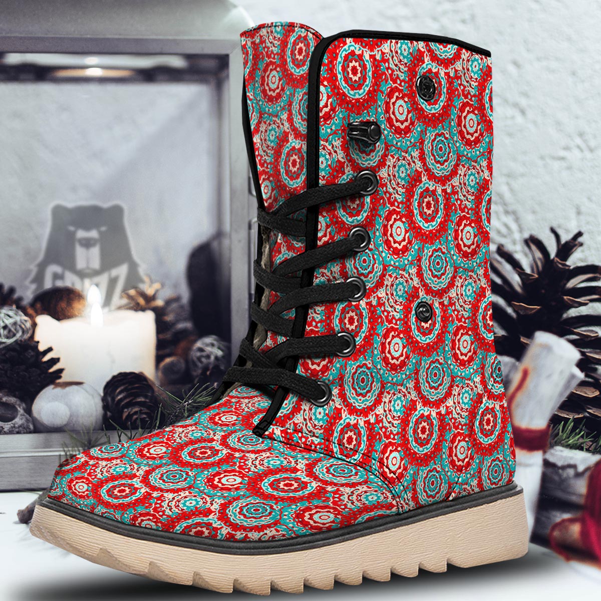 Flower Red Boho Print Pattern Snow Boots-grizzshop
