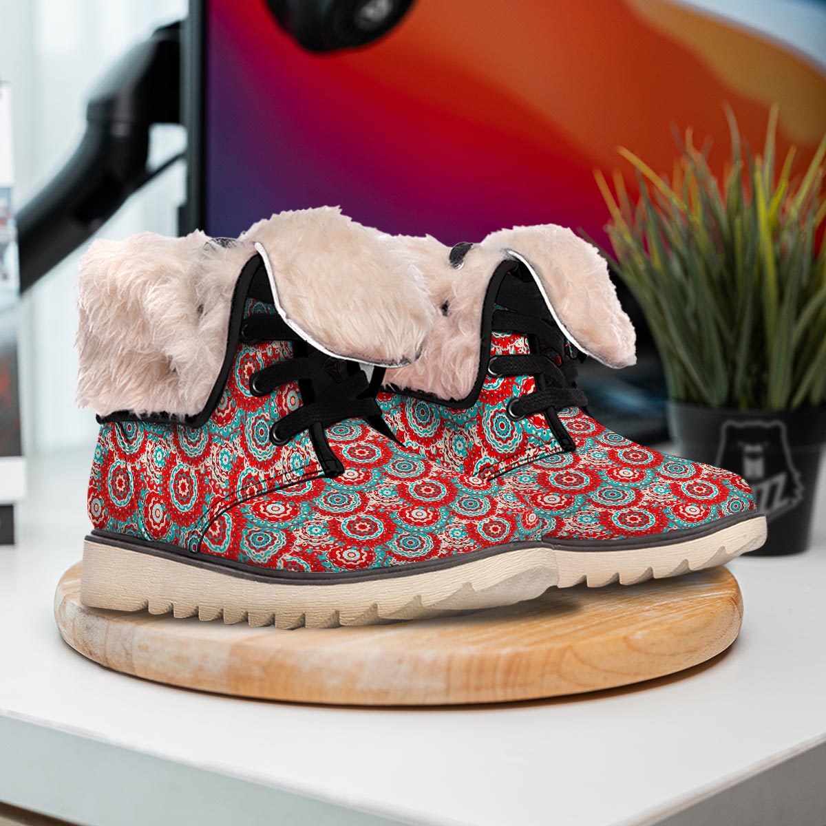 Flower Red Boho Print Pattern Snow Boots-grizzshop