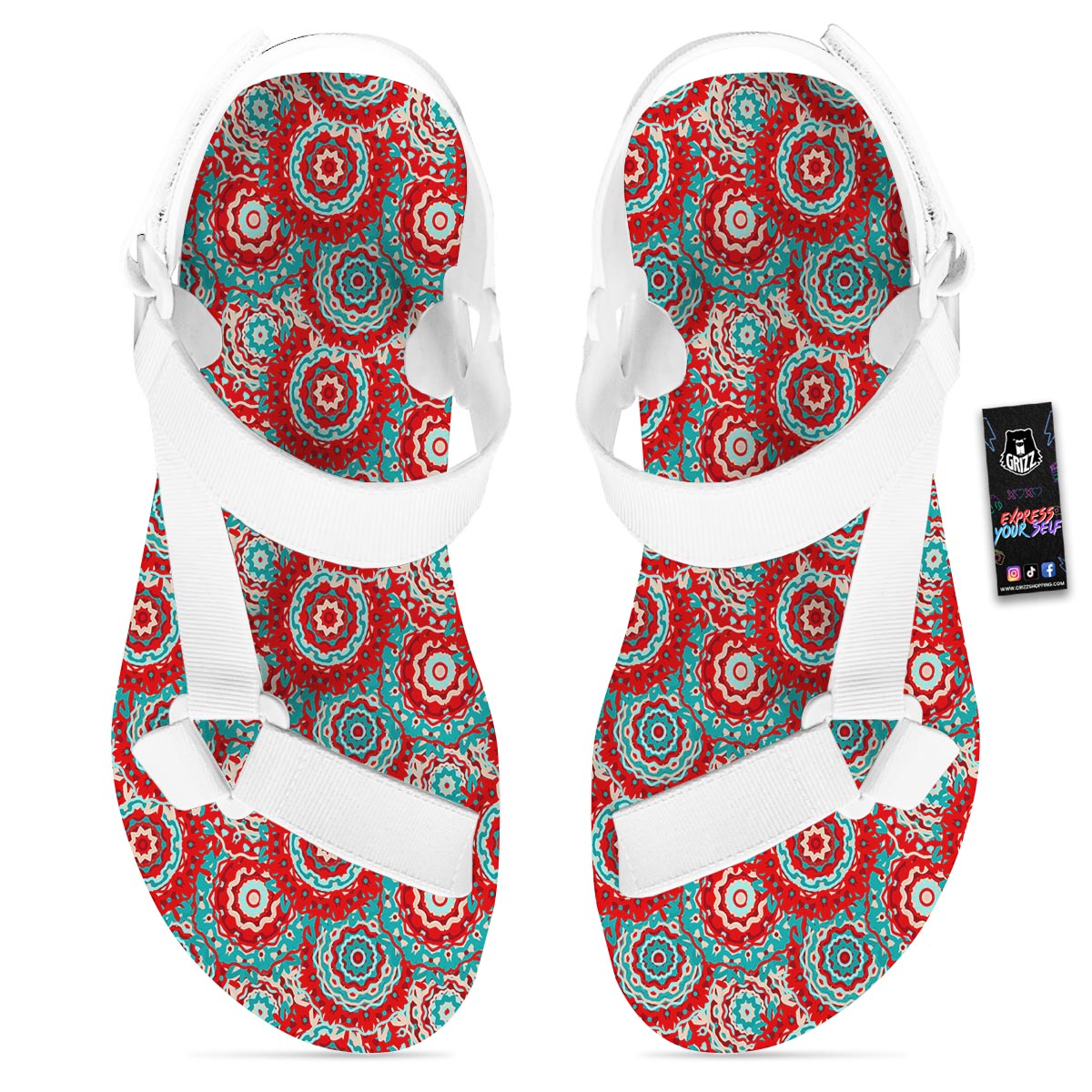 Flower Red Boho Print Pattern White Open Toe Sandals-grizzshop