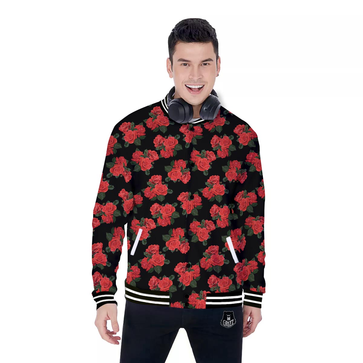 Flower Red Rose Print Pattern Baseball Jacket-grizzshop