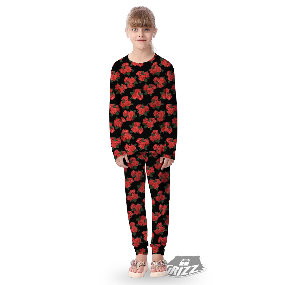 Flower Red Rose Print Pattern Kid's Pajamas-grizzshop