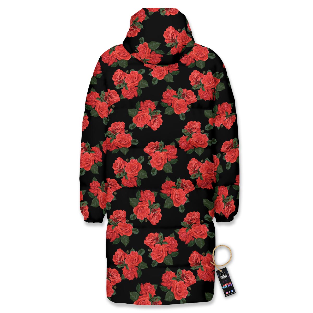 Flower Red Rose Print Pattern Long Down Jacket-grizzshop