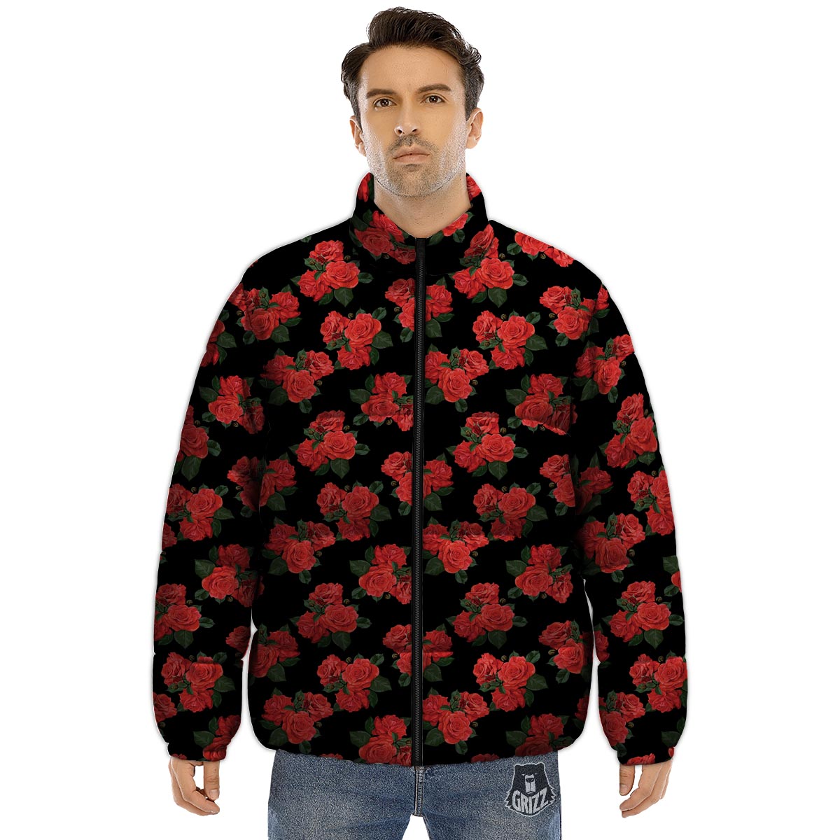 Flower Red Rose Print Pattern Puffer Jacket-grizzshop
