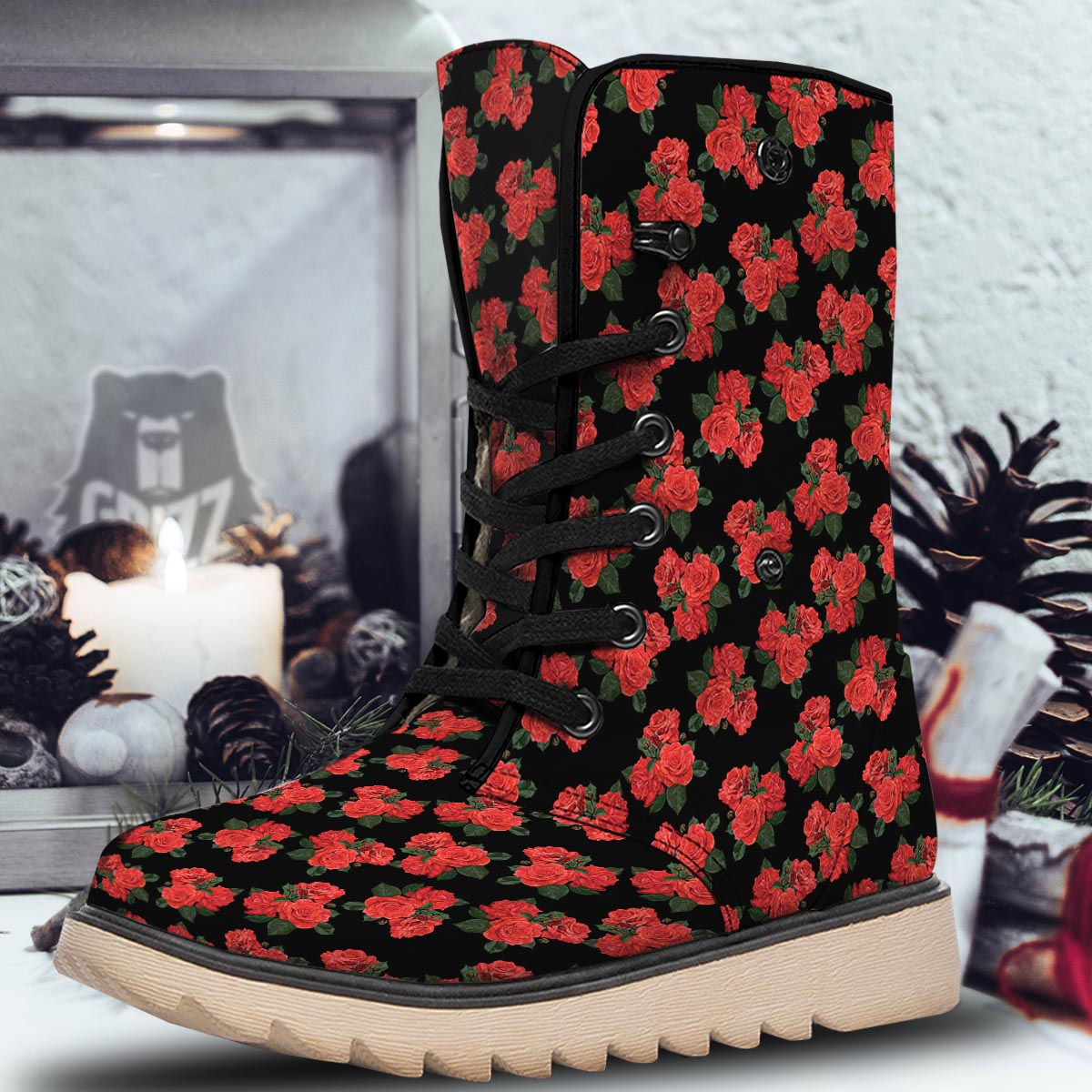 Flower Red Rose Print Pattern Snow Boots-grizzshop