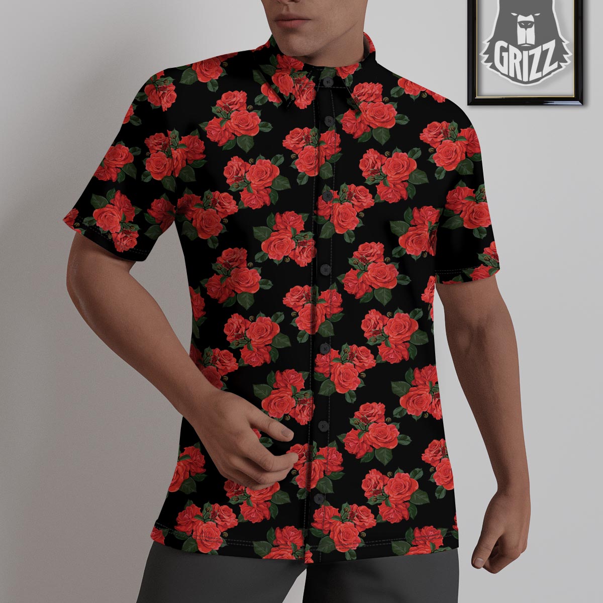 Flower Red Rose Print Pattern Untucked Shirts-grizzshop