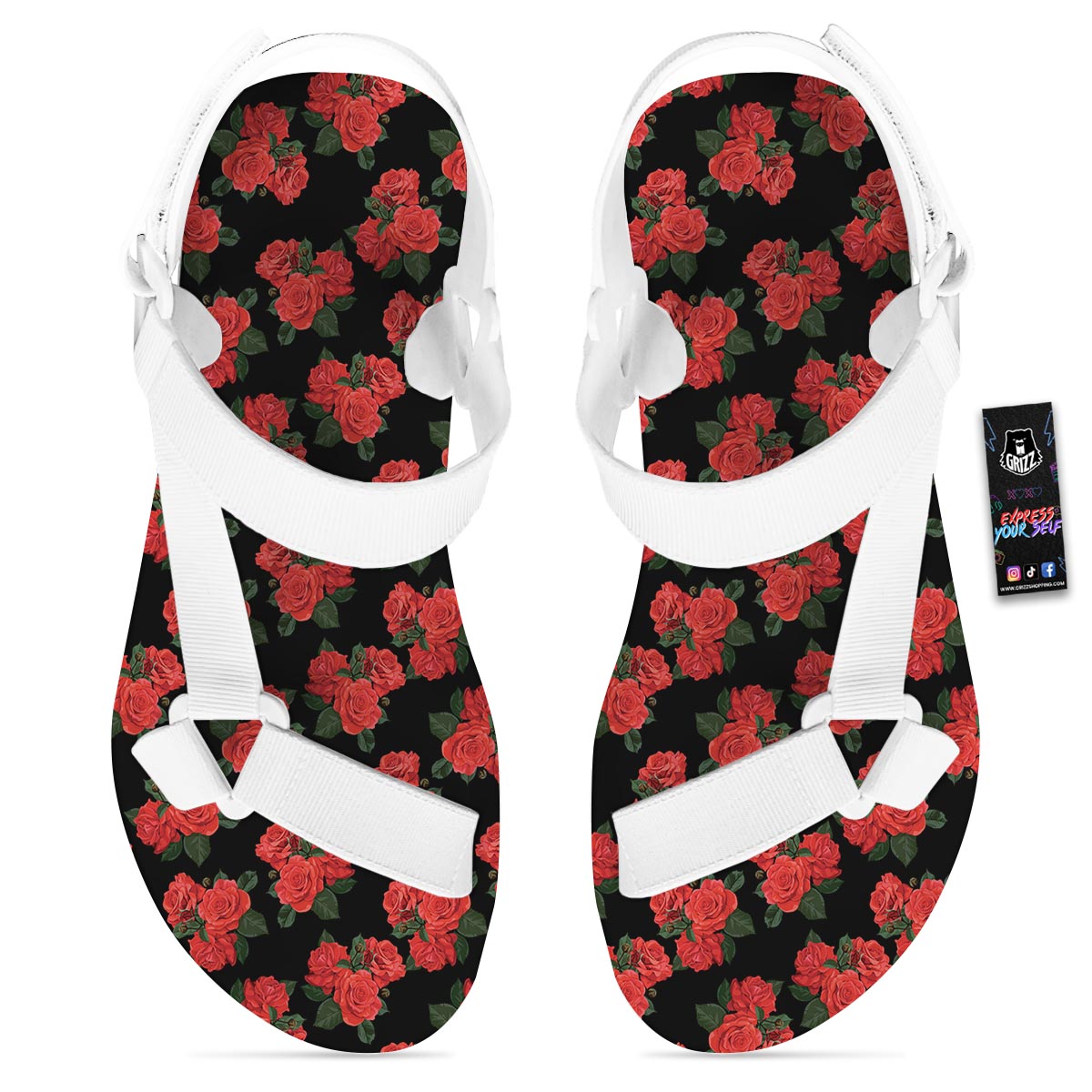Flower Red Rose Print Pattern White Open Toe Sandals-grizzshop