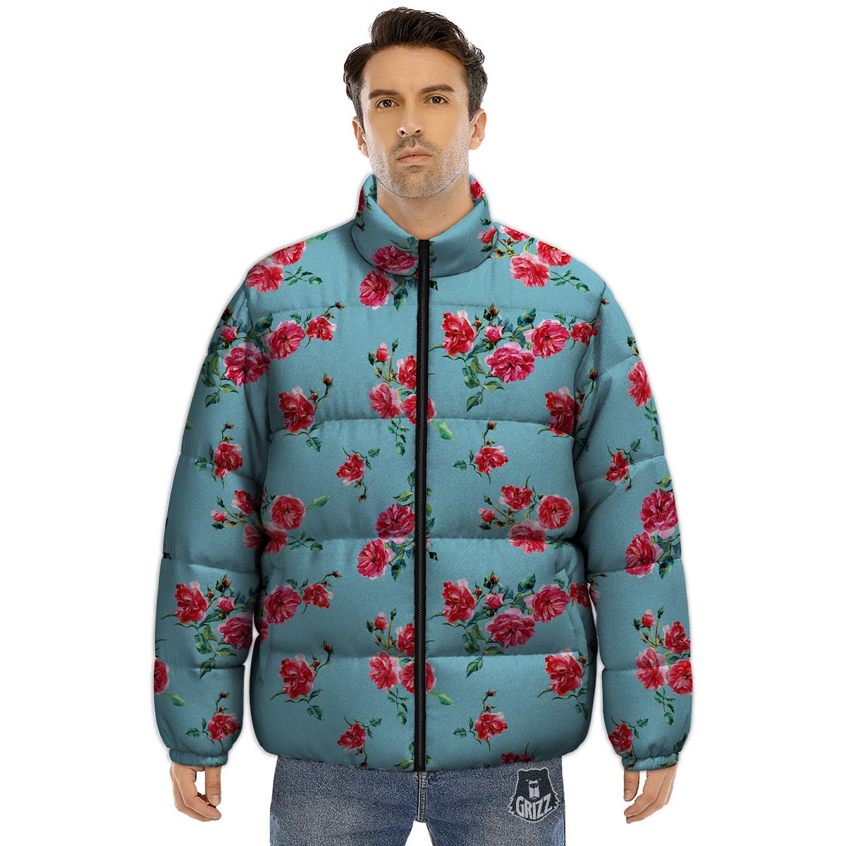 Flower Roses Floral Print Pattern Puffer Jacket-grizzshop