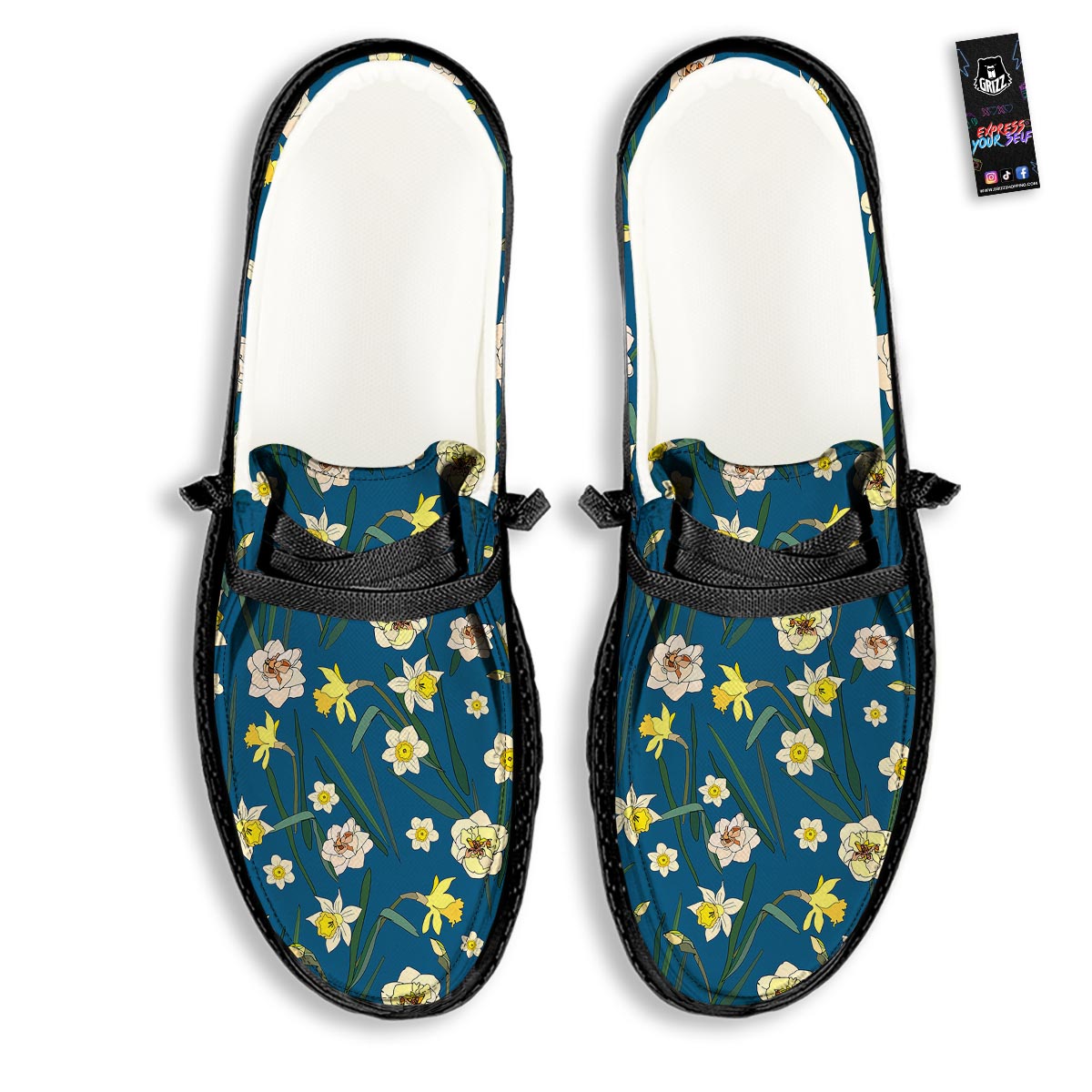 Flower Spring Daffodil Print Pattern Black Loafers-grizzshop