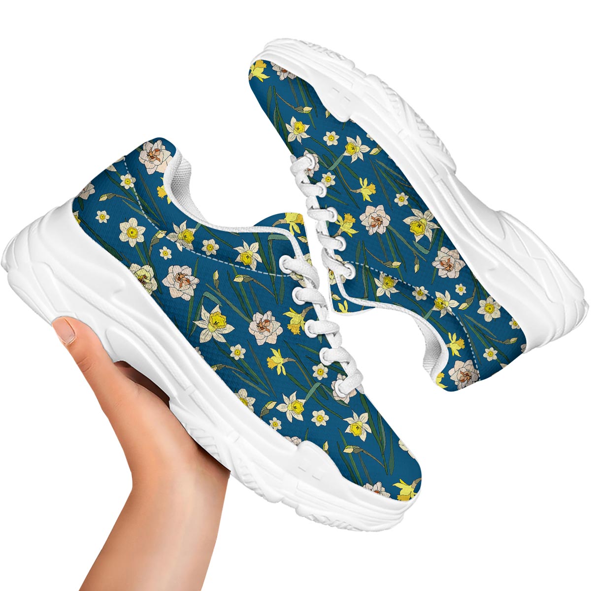 Flower Spring Daffodil Print Pattern White Chunky Shoes-grizzshop