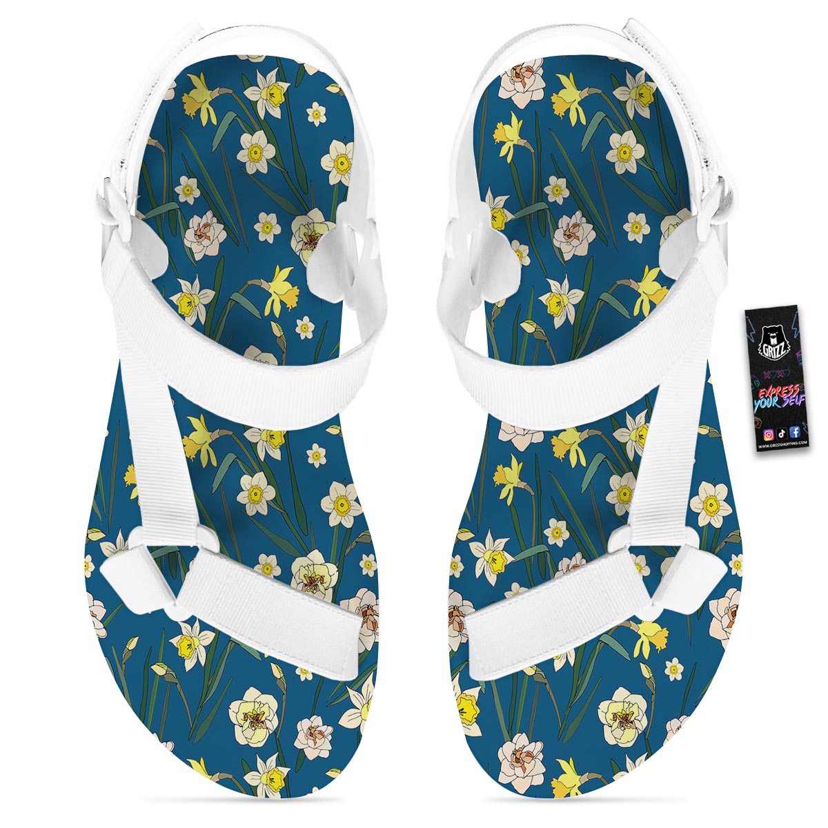 Flower Spring Daffodil Print Pattern White Open Toe Sandals-grizzshop