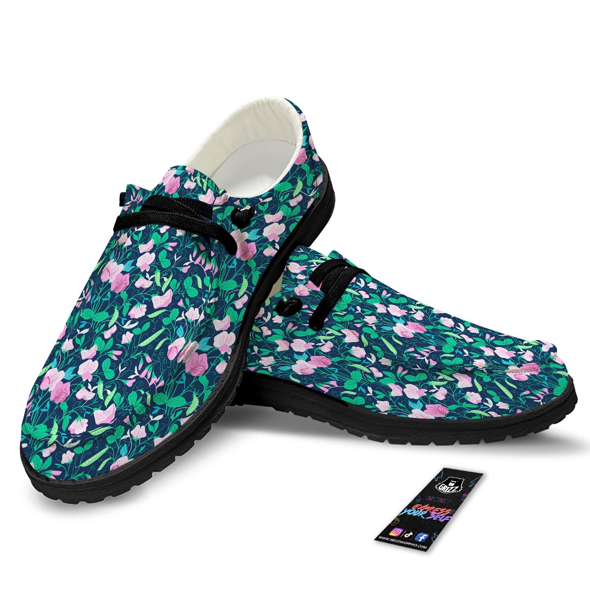 Flower Sweet Pea Print Pattern Black Loafers-grizzshop