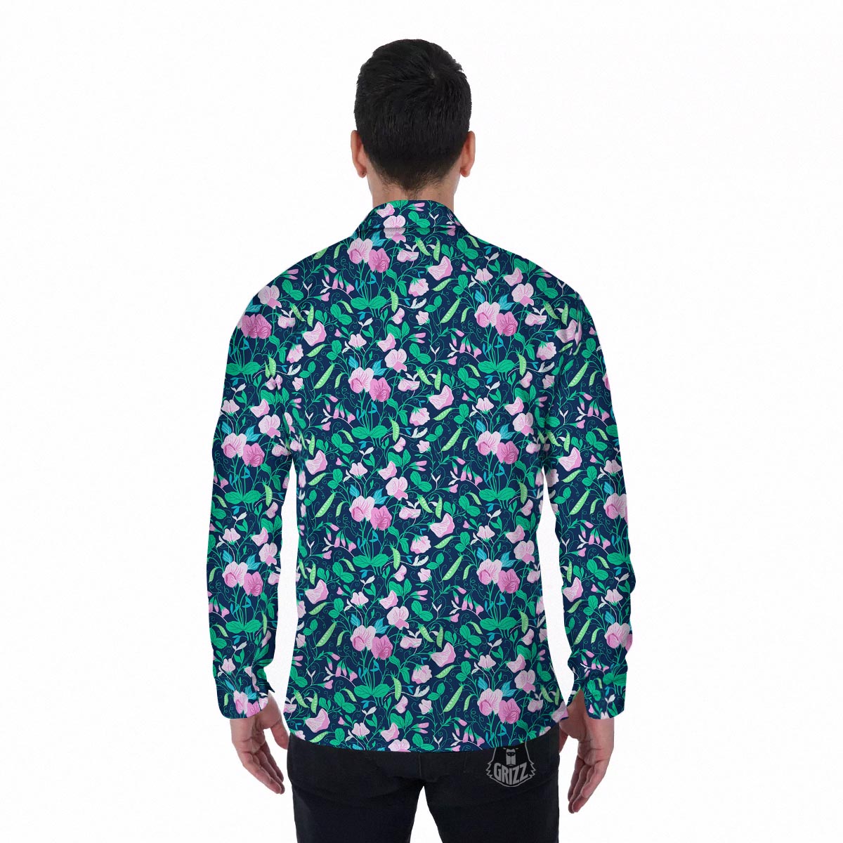 Flower Sweet Pea Print Pattern Men's Long Sleeve Shirts-grizzshop