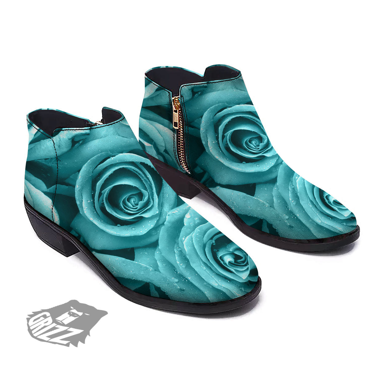 Flower Turquoise Rose Print Ankle Boots-grizzshop