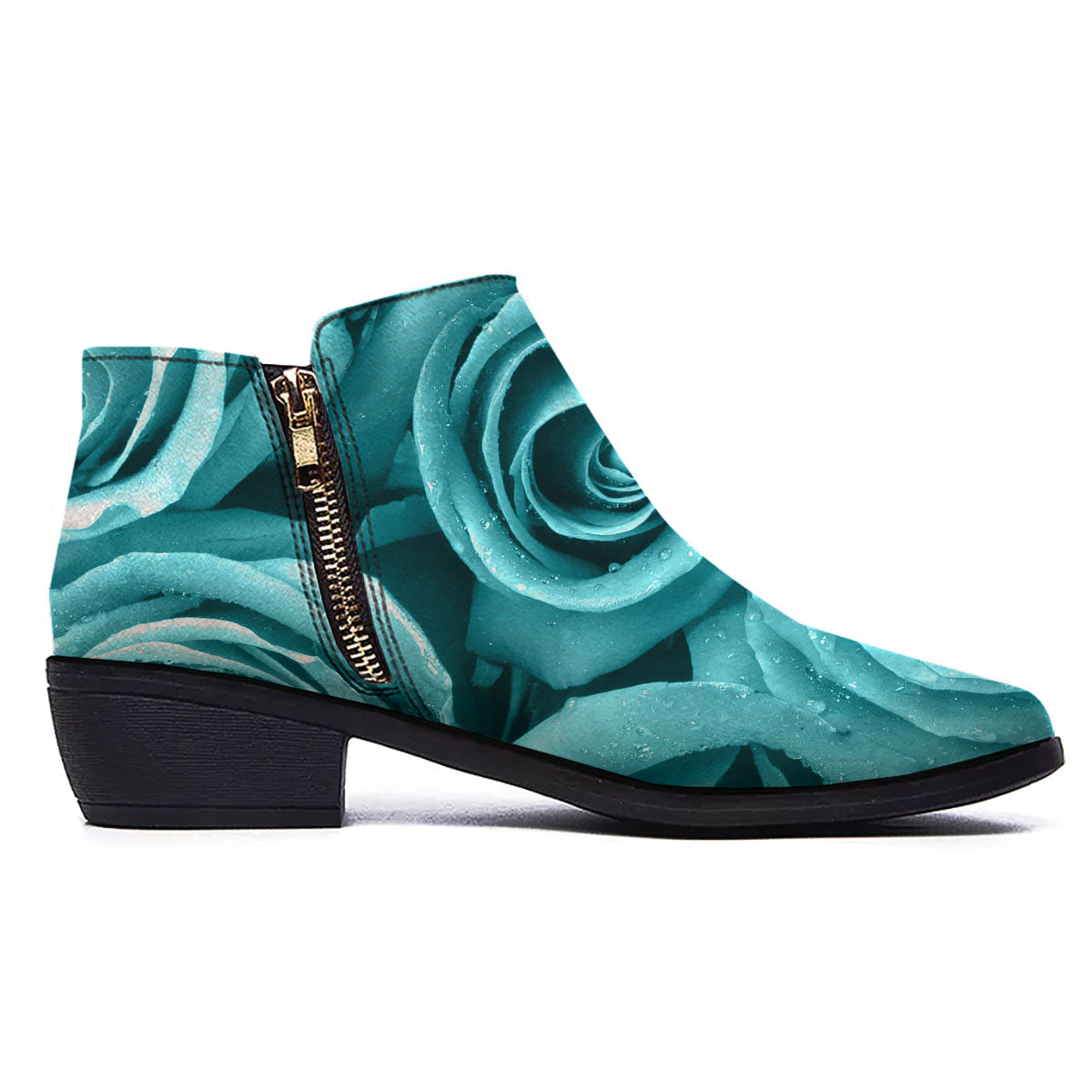 Flower Turquoise Rose Print Ankle Boots-grizzshop