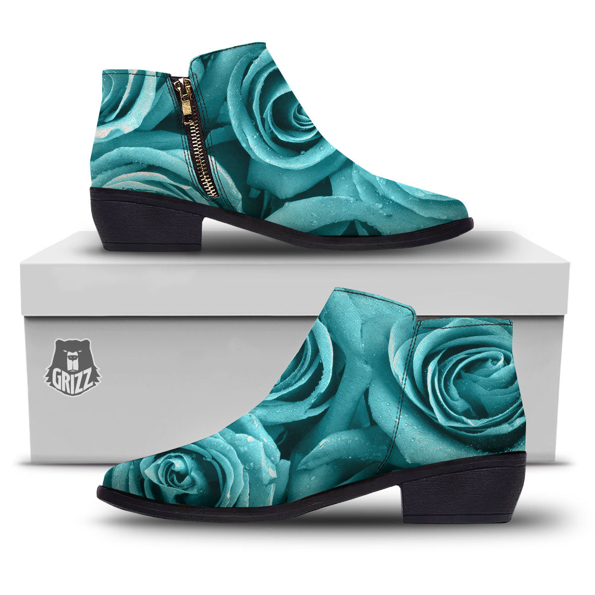 Flower Turquoise Rose Print Ankle Boots-grizzshop