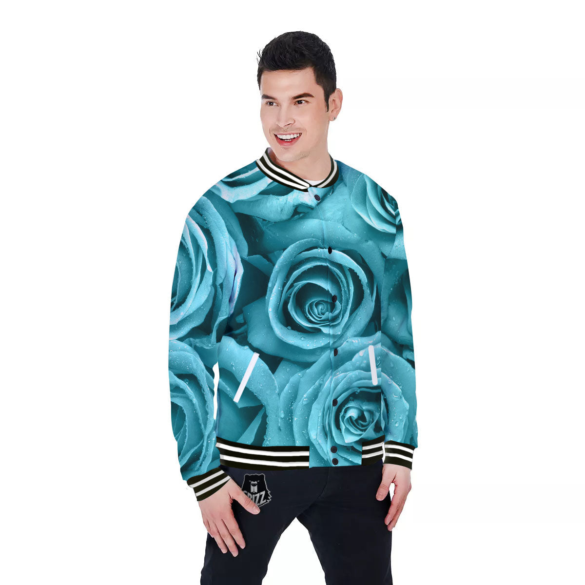 Flower Turquoise Rose Print Baseball Jacket-grizzshop