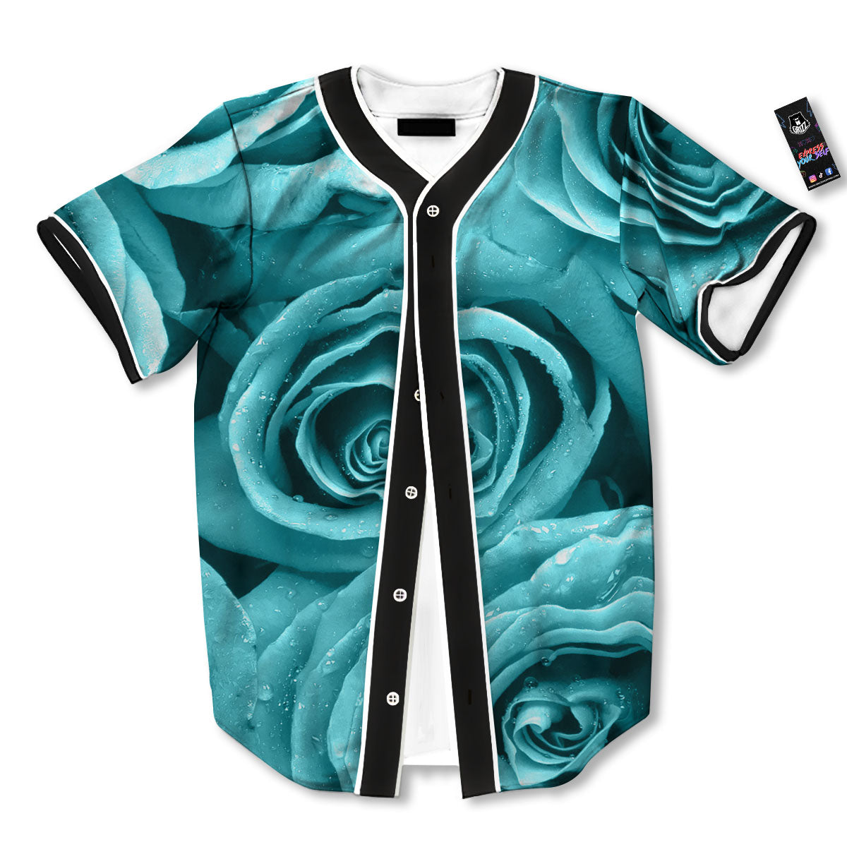 Flower Turquoise Rose Print Baseball Jersey-grizzshop