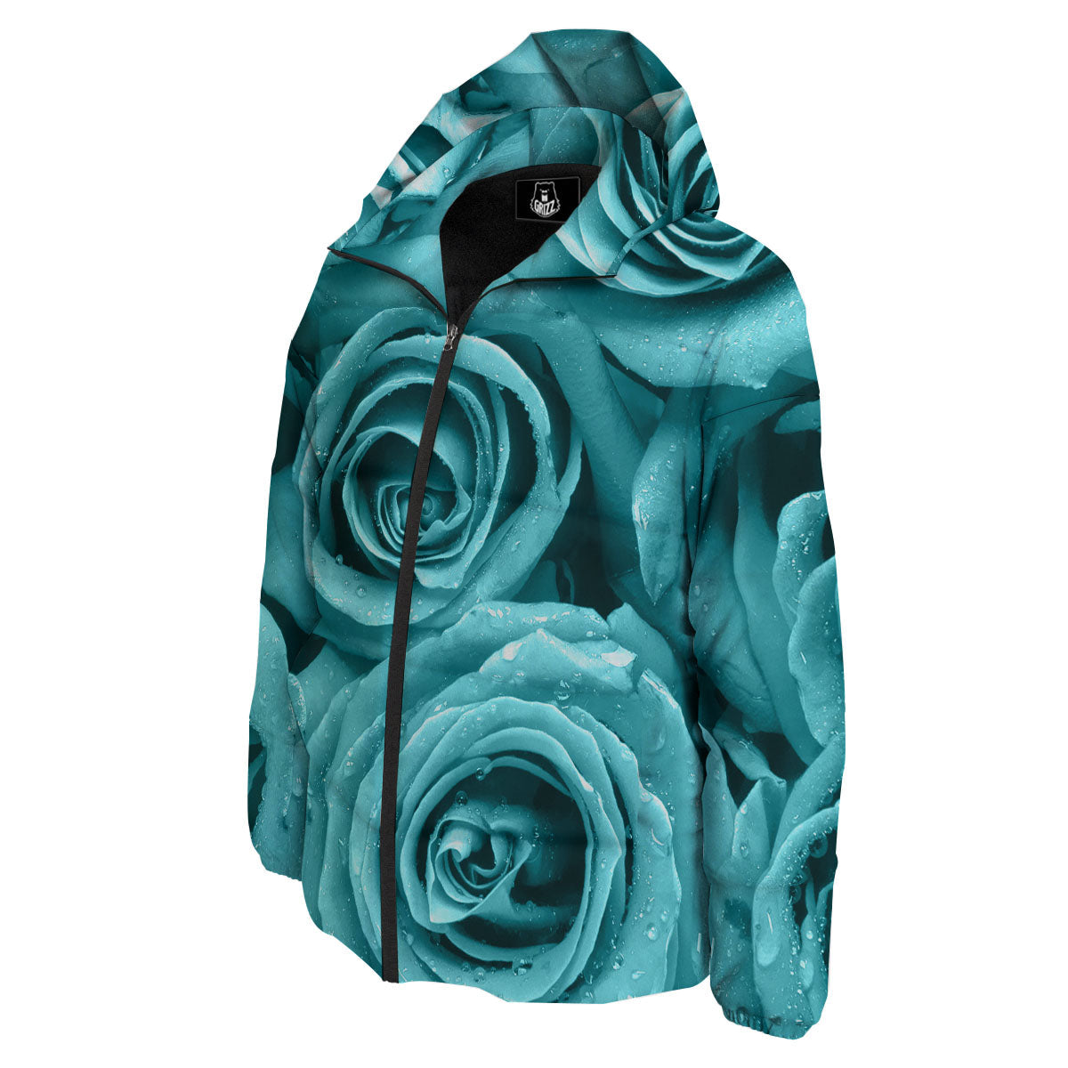 Flower Turquoise Rose Print Down Jacket-grizzshop