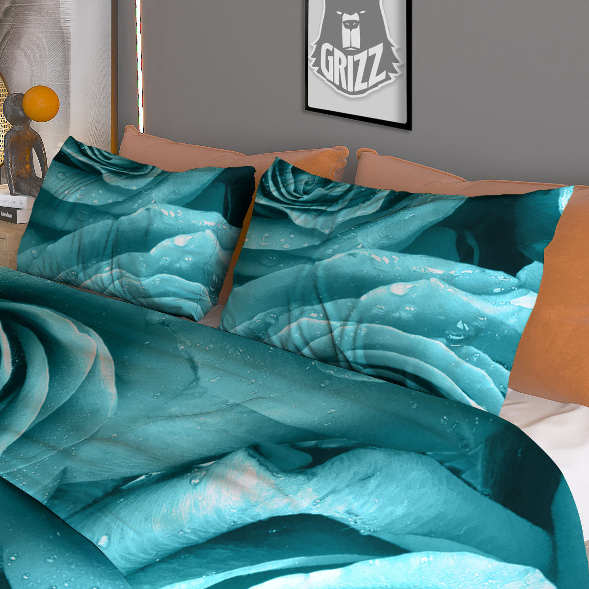 Flower Turquoise Rose Print Duvet Cover Bedding Set