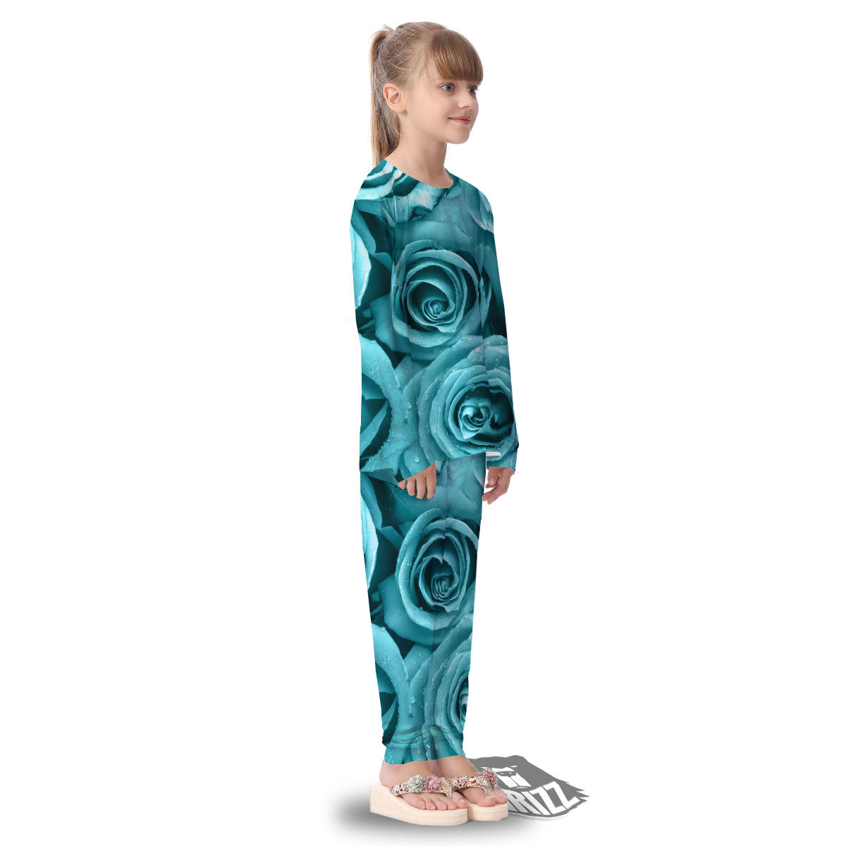 Flower Turquoise Rose Print Kid's Pajamas-grizzshop
