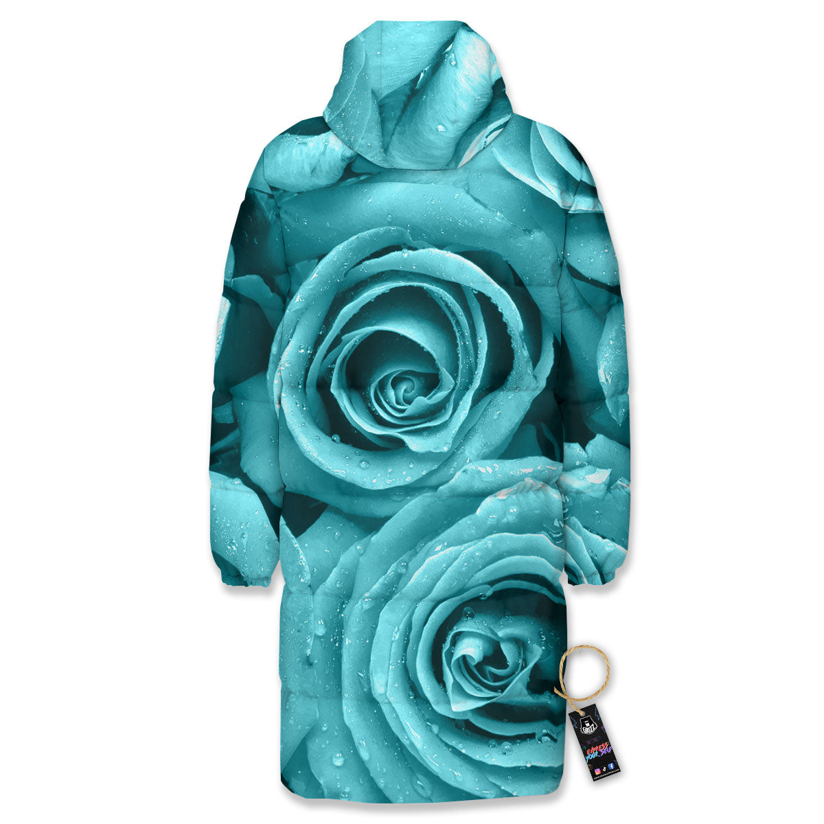 Flower Turquoise Rose Print Long Down Jacket-grizzshop