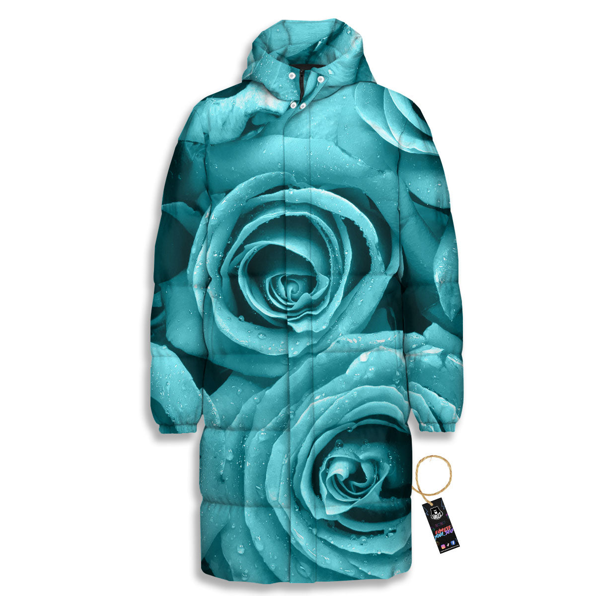 Flower Turquoise Rose Print Long Down Jacket-grizzshop