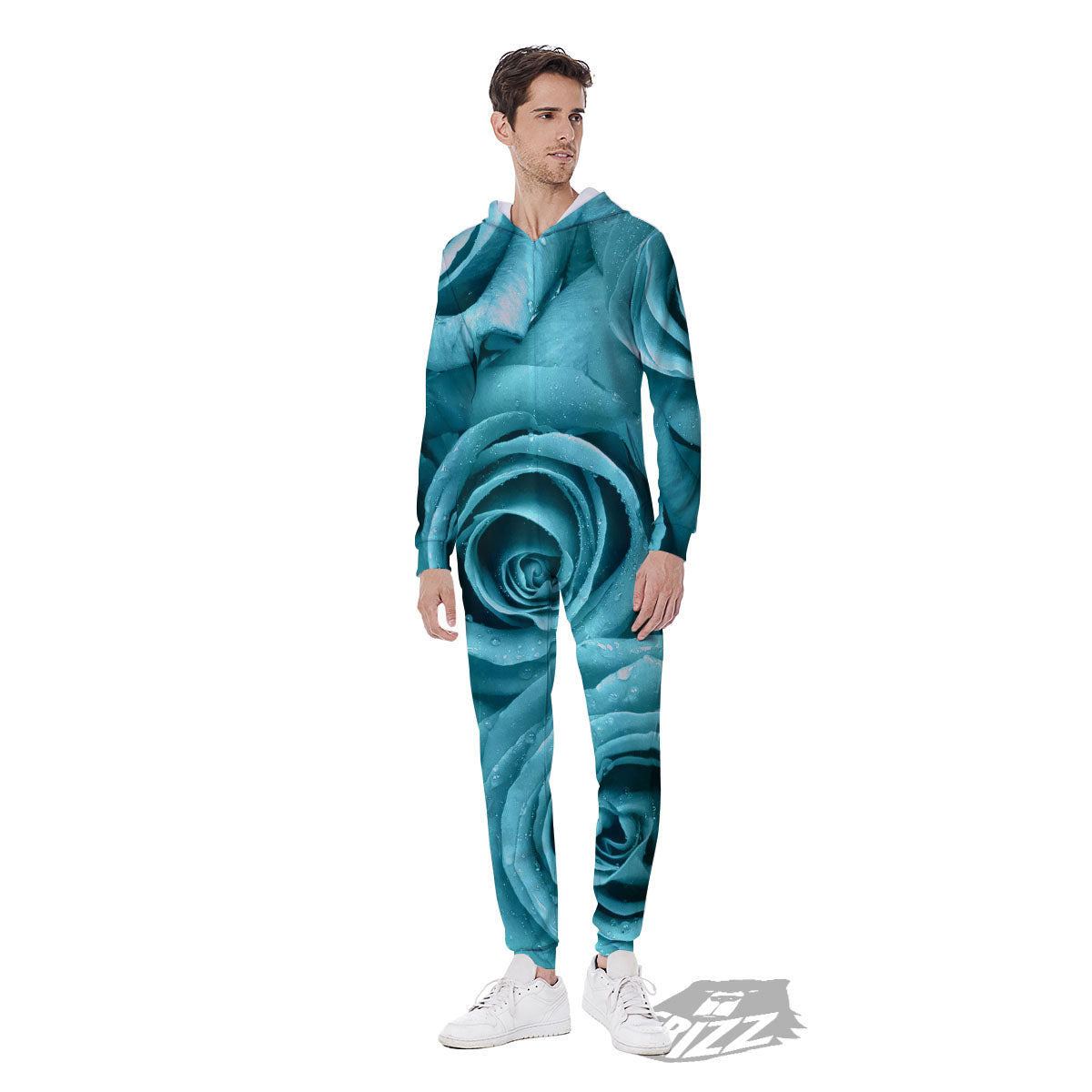 Flower Turquoise Rose Print Men's Jumpsuit-grizzshop