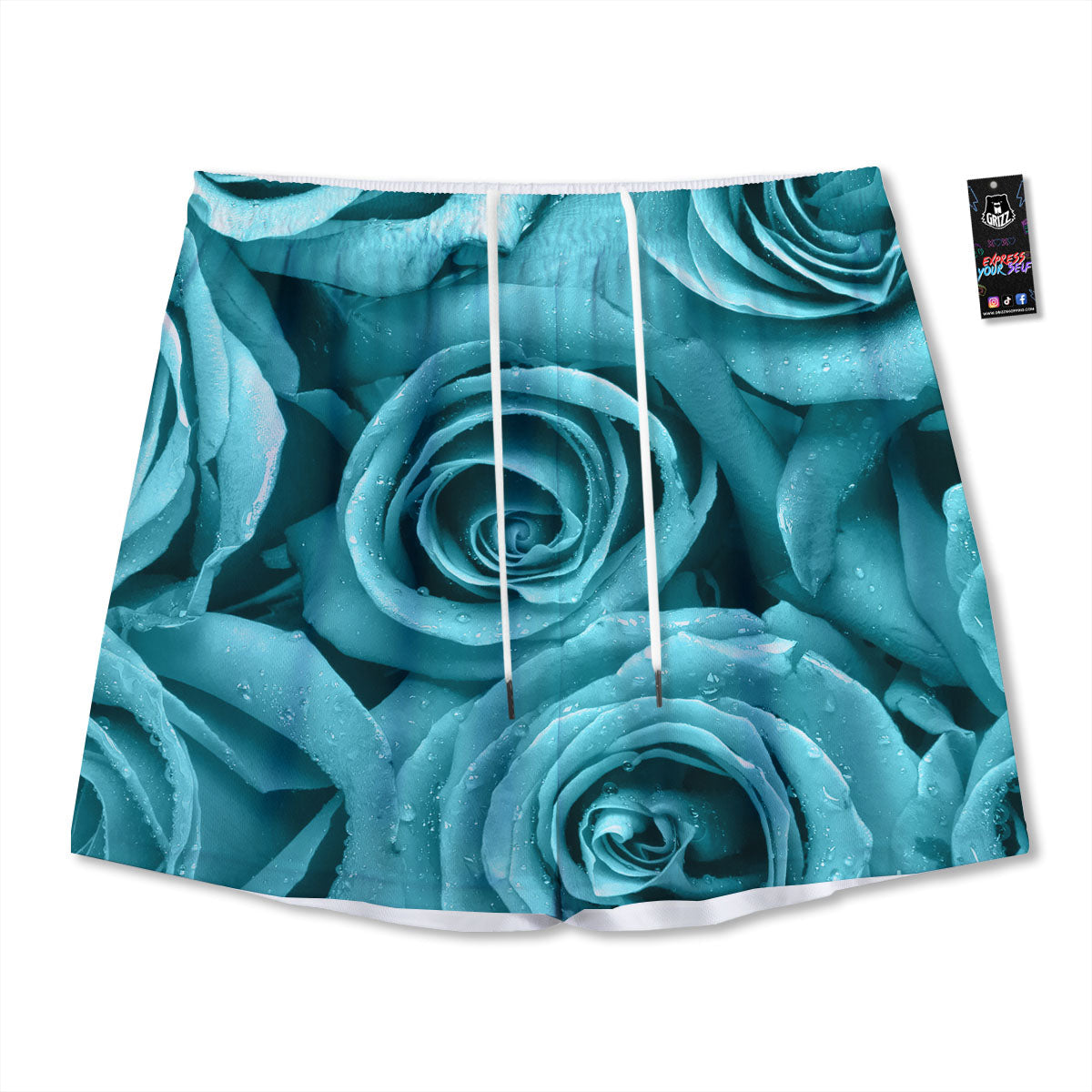 Flower Turquoise Rose Print Mesh Shorts