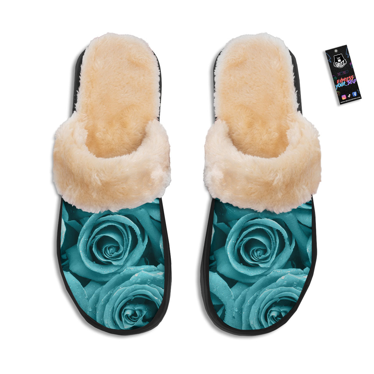 Flower Turquoise Rose Print Slippers-grizzshop