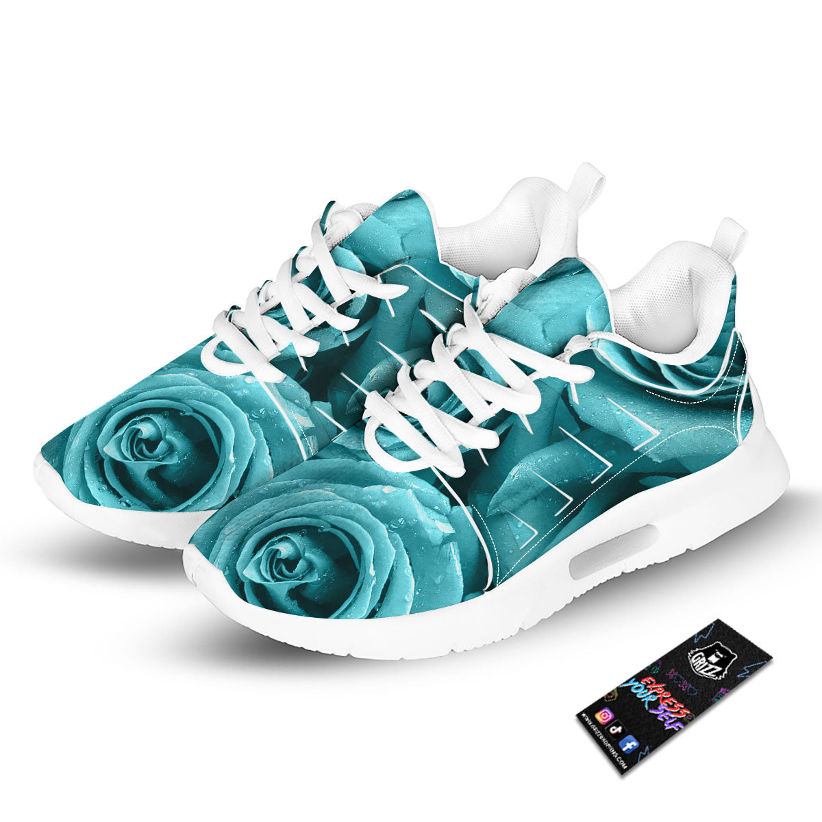 Flower Turquoise Rose Print Tennis Shoes-grizzshop