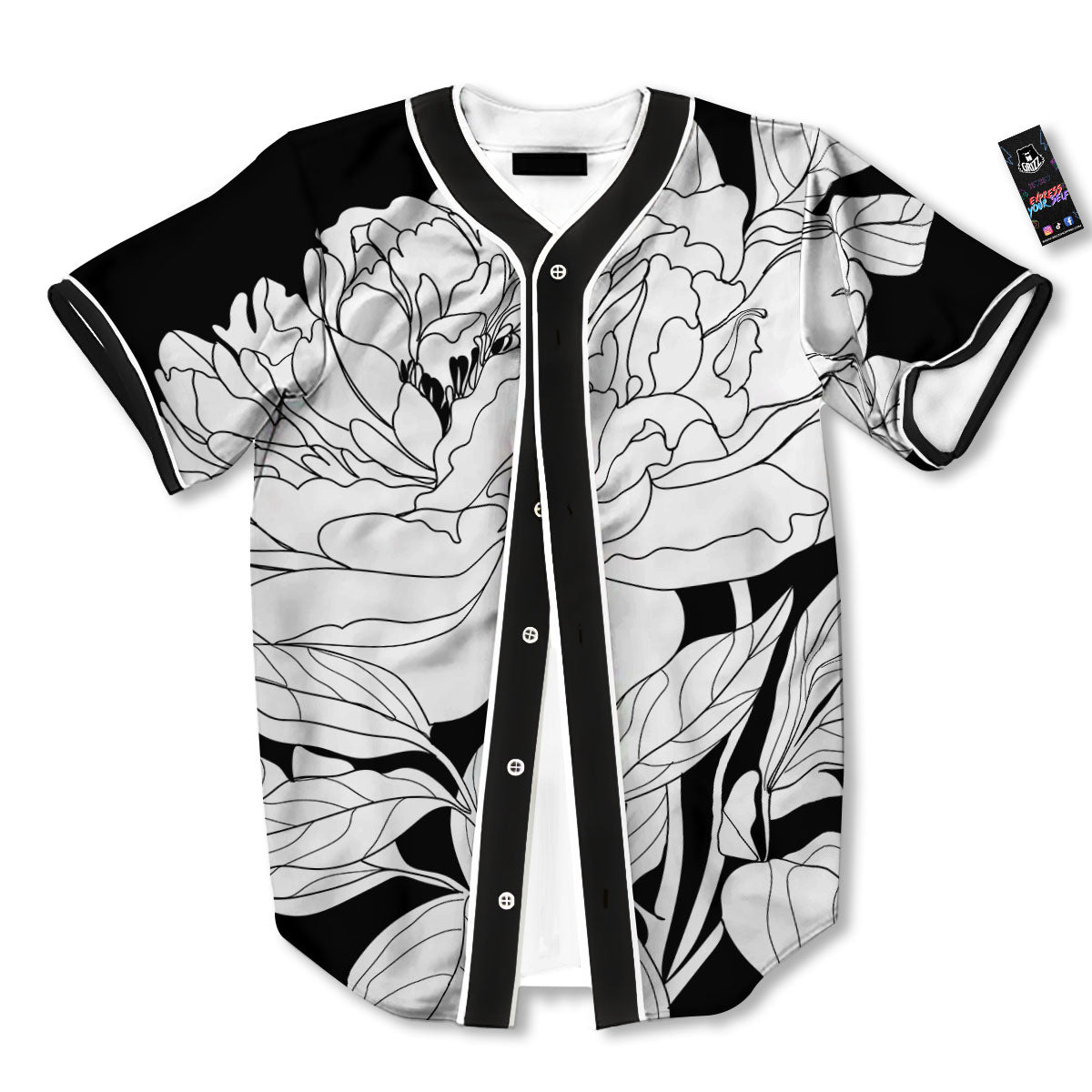 Flower White And Black Print Baseball Jersey-grizzshop