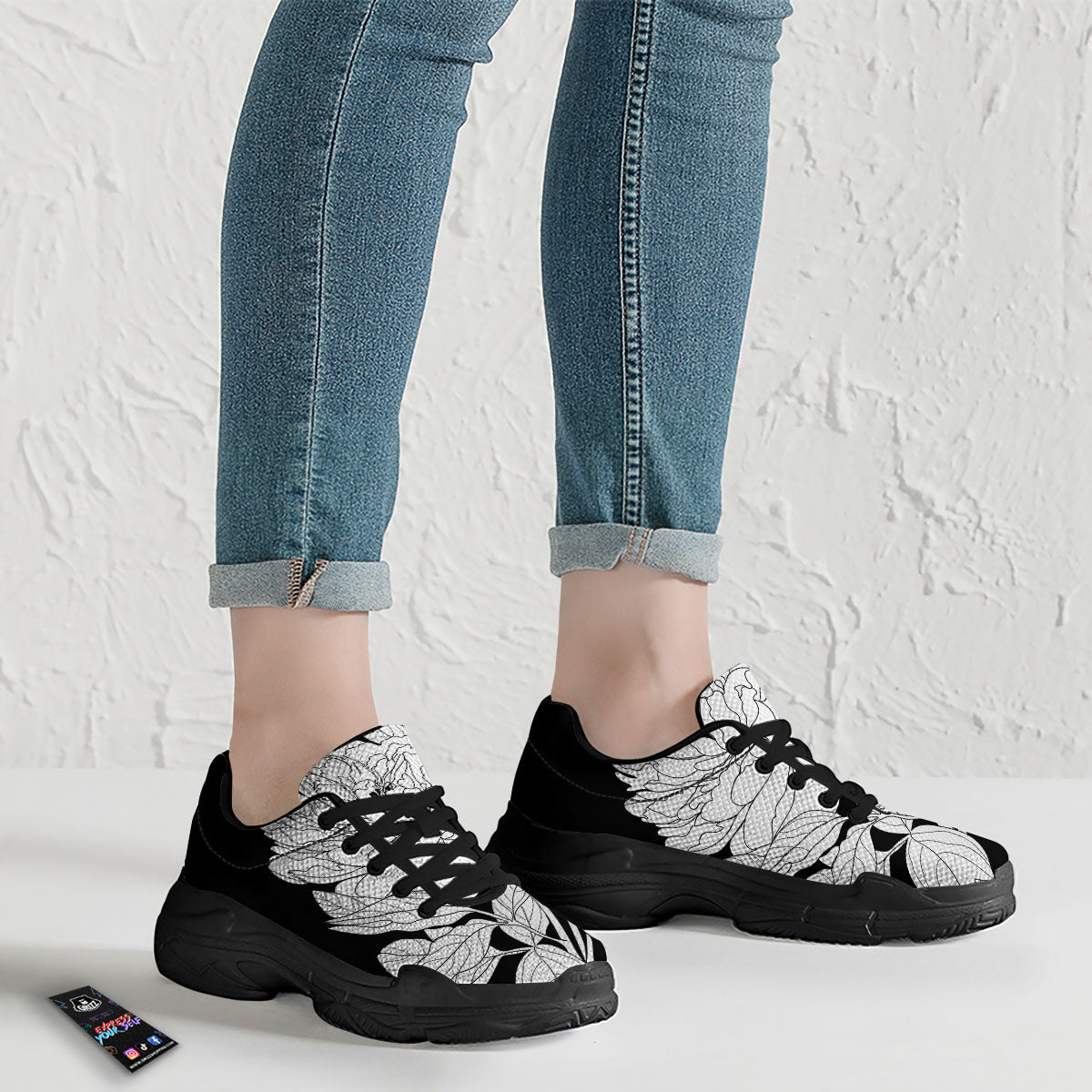 Flower White And Black Print Black Chunky Shoes-grizzshop