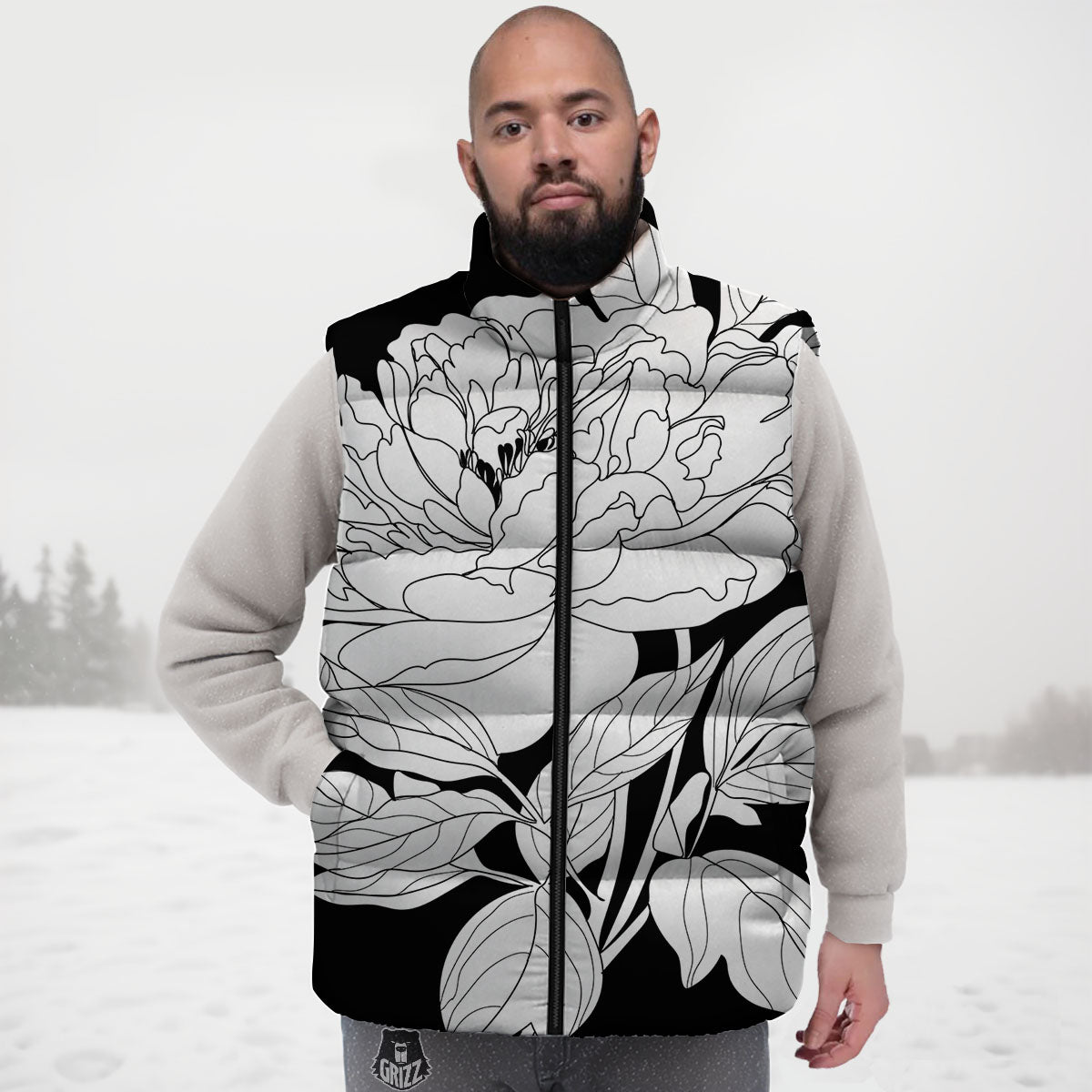 Flower White And Black Print Down Vest-grizzshop